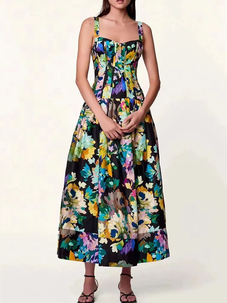 

Дизайнерское сексуальное платье с открытыми плечами и винтажным принтом, топ с высокой талией и лямкой на шее, женское новое летнее модное свободное платье