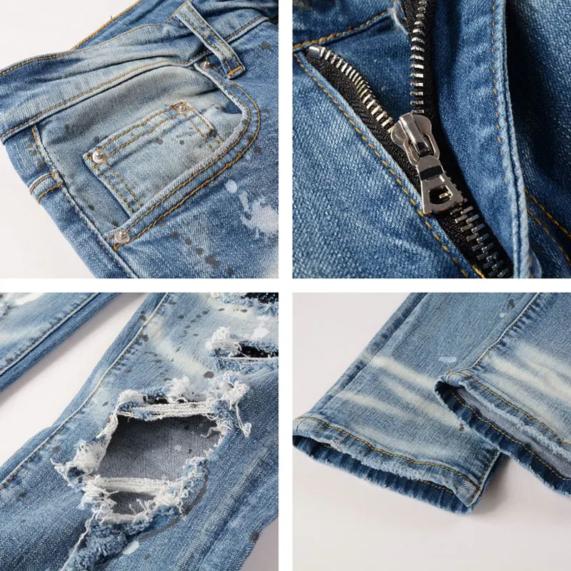 Fashion Streetwear Men Jeans Retro Blue Stretch Elastic Painted Slim Ripped Jeans Men Patch Designer Brand Hip Hop Pants Hombre