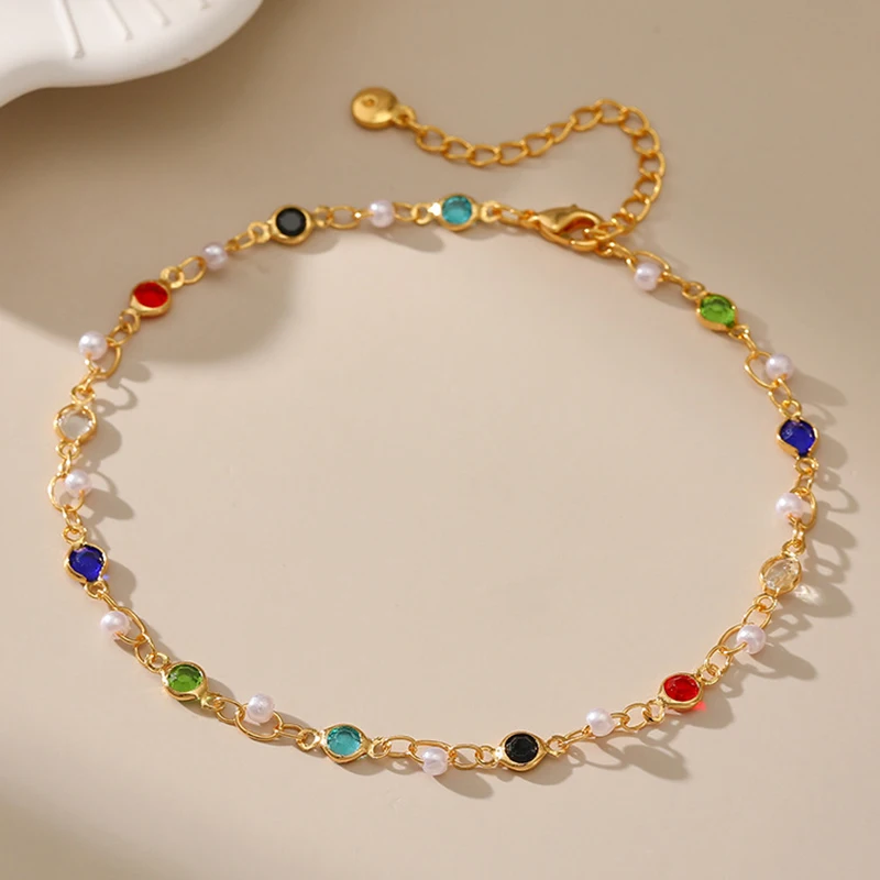 

Bohemian Round Colored Zircon Ethnic Style Anklets Fashion Metal Plated 18k Gold Anklet with Imitation Pearl Women Jewelry