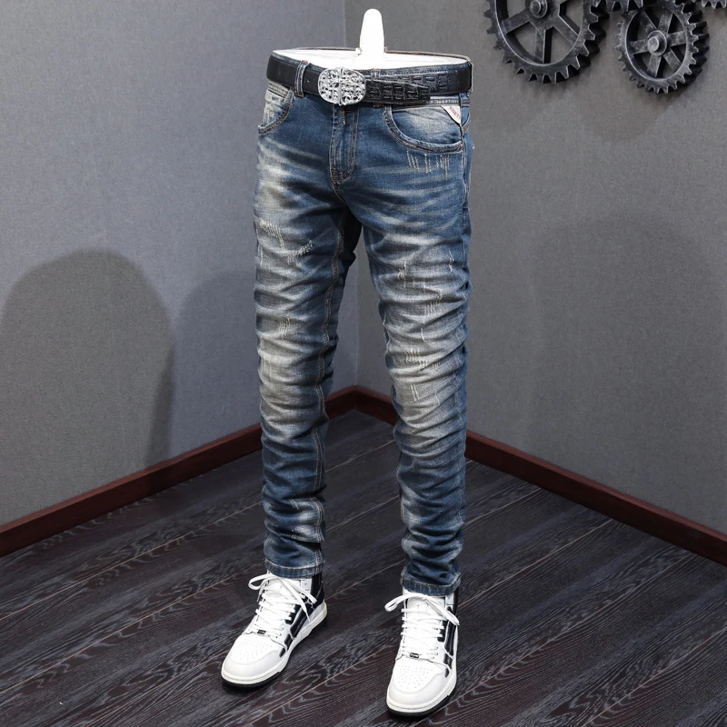 Newly Designer Fashion Men Jeans High Quality Retro Blue Elastic Slim Fit Ripped Jeans Men Trousers Vintage Denim Pants Hombre