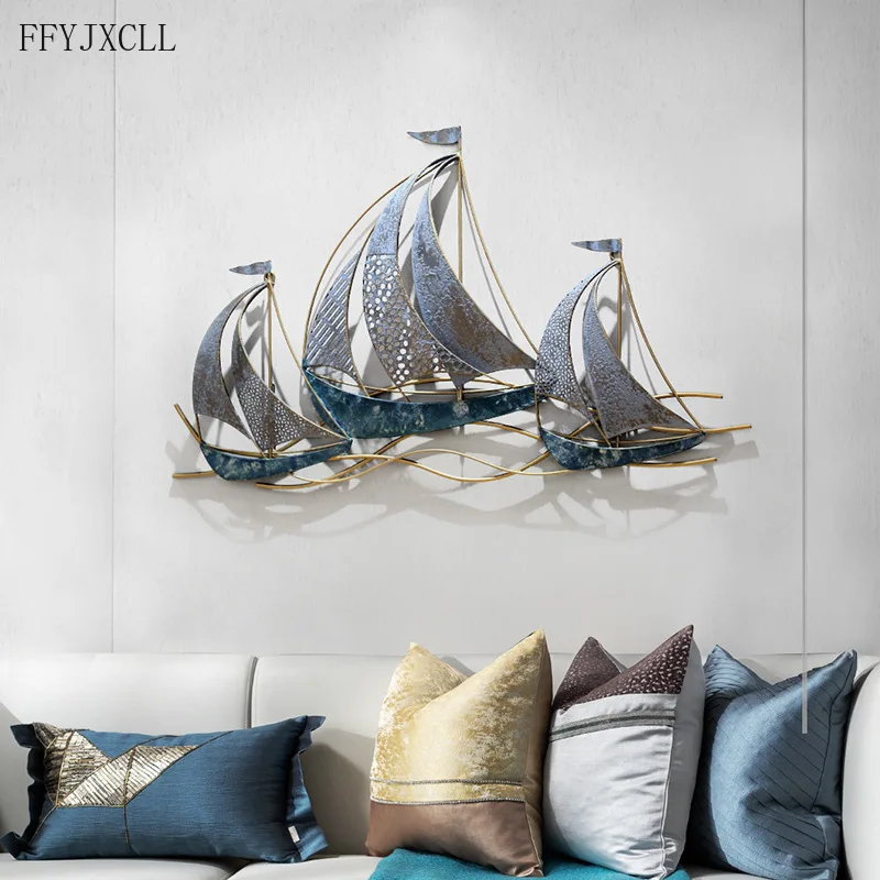 

Mediterranean creative sailboat marine wrought iron wall decoration retro style living room sofa background wall home decoration
