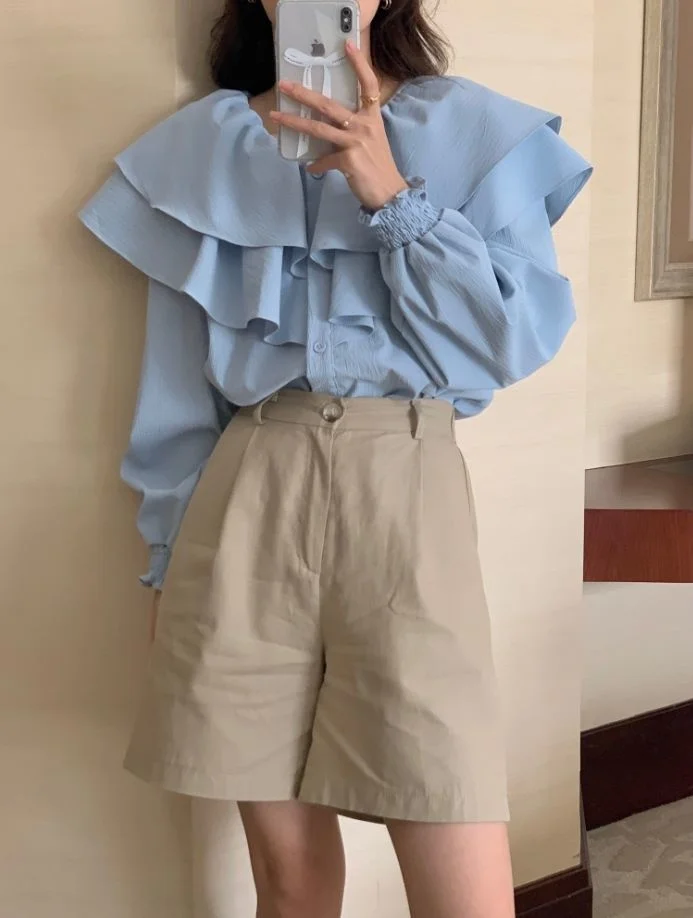 

Blouse Autumn Sweet Big Lapel Double Ruffle Loose And Versatile Long Sleeved Shirt Fashion Tops