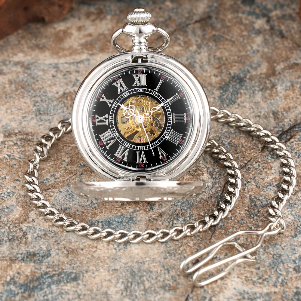 Silver Roman Numerals Dial Hand Winding Mechanical Pocket Watch Hollow Flower Display Elegant Vintage Fob Chain Manual Clock