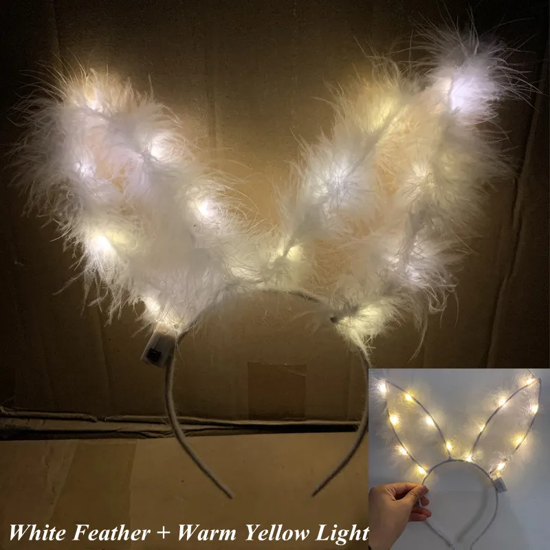 

Led Feather Rabbit Ears Light Up Headdress 15cm Bunny Ears Headband For Wedding Christmas Glow Party Glow-In-The-Dark Props