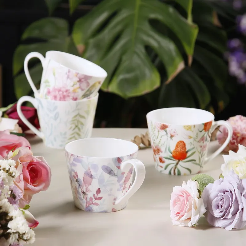 

Small Fresh Ceramic Mug High Bone Porcelain Flower Bird Flower Grass Tea Cup Afternoon Tea Water Cup Coffee Cup Set of Four