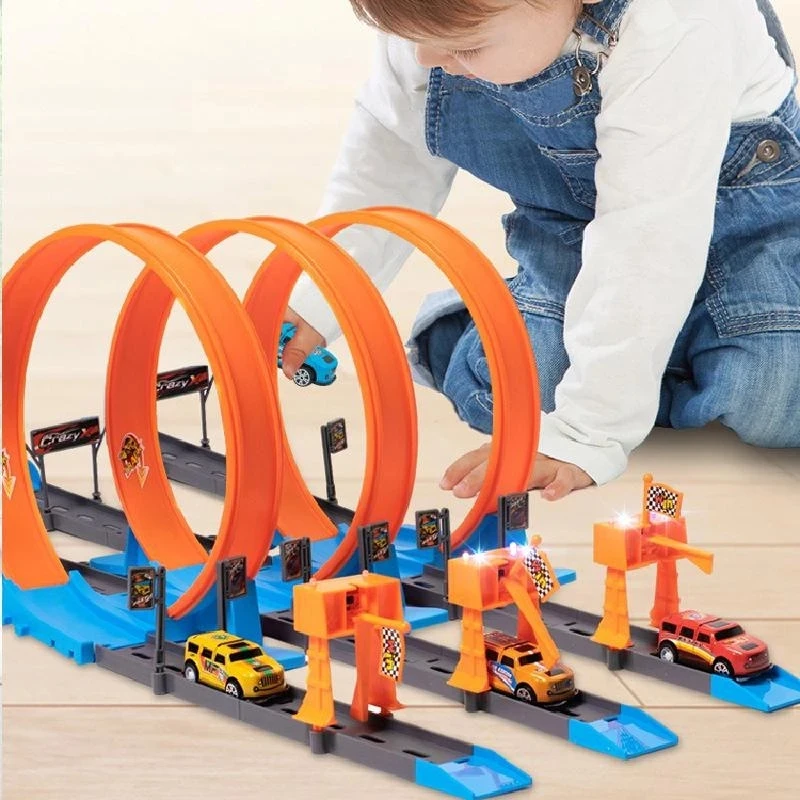 

New Diy Track Catapult Rail Car Toys for Kids Stunt Speed Double Car Track Assembled Rail Kits Alloy Metal Racing Children Toy