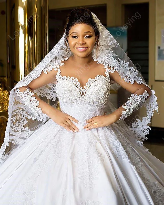 Блестящее женское бальное платье с длинным рукавом свадебные платья жемчугом |