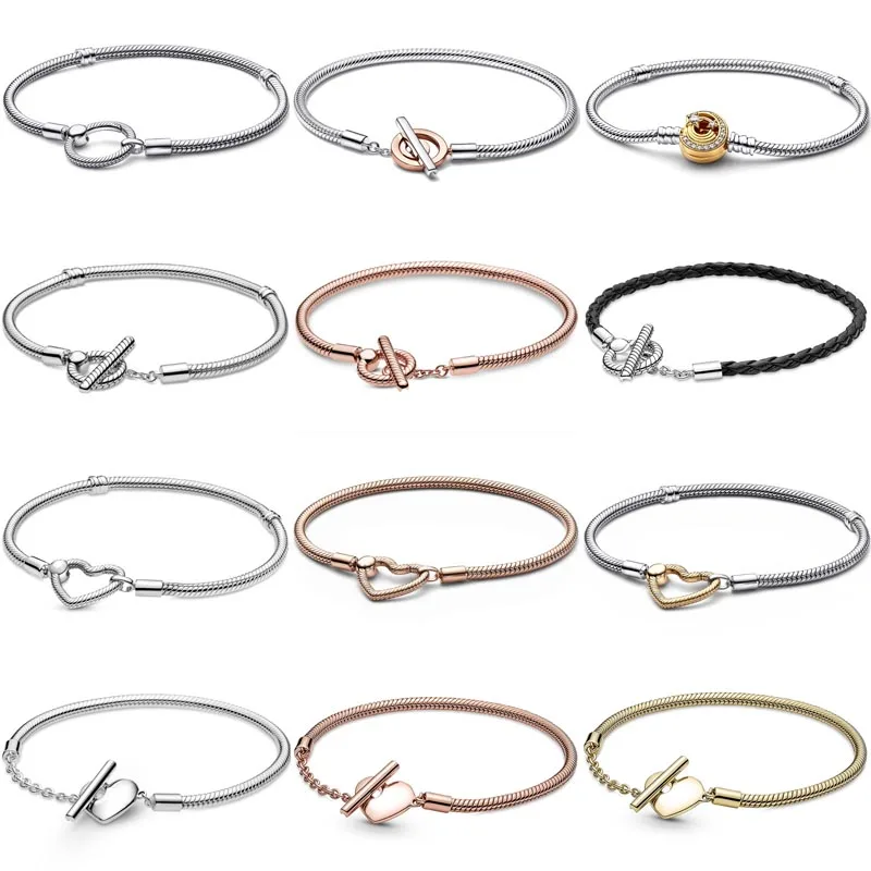 

Moments Signature T-Bar Open Heart O Closure Snake Chain Bracelet Fit Fashion 925 Sterling Silver Bangle Bead Charm Diy Jewelry
