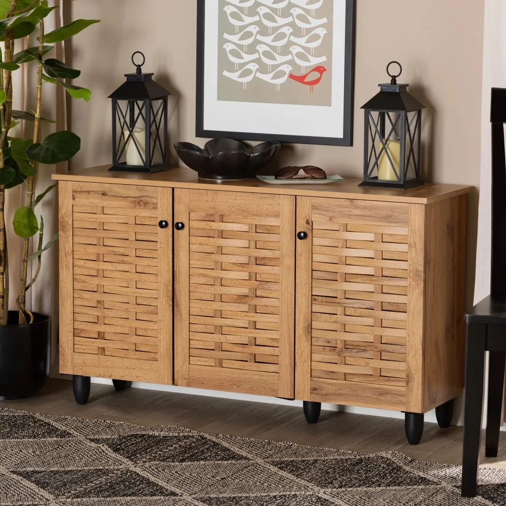 

Modern and Contemporary Oak Brown Finished Wood 3-Door Shoe Cabinet