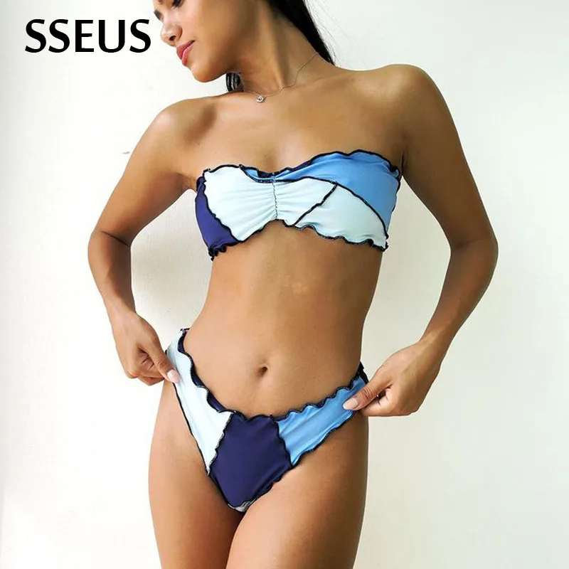 

Sexy Bikini Set Women Swimsuit Patchwork Ruffle Bandeau Biquini Female Push-Up Swimwear Mid Waist Summer Bathing Suit Beachwear