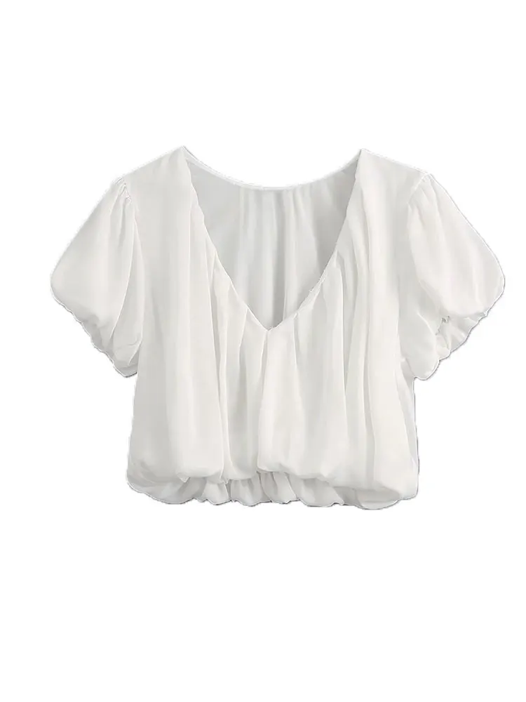 

Nlzgmsj ZBZA 2022 Women Vintage V Neck Short Sleeve Summer White Short Blouse Ladies Fashion Slim Tops 202203