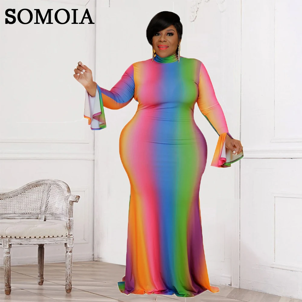 

Женское платье-макси с радужным градиентом, Расклешенным рукавом