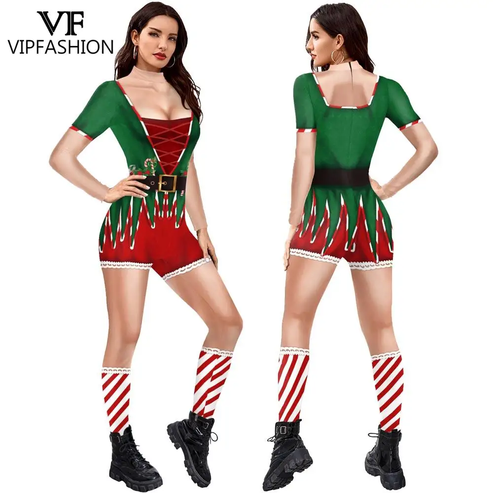

VIP FASHION Sexy Women Christmas Jumpsuit Long Sleeves New Year Romper Bodysuit Santa Claus 3D Printing Cosplay Costume