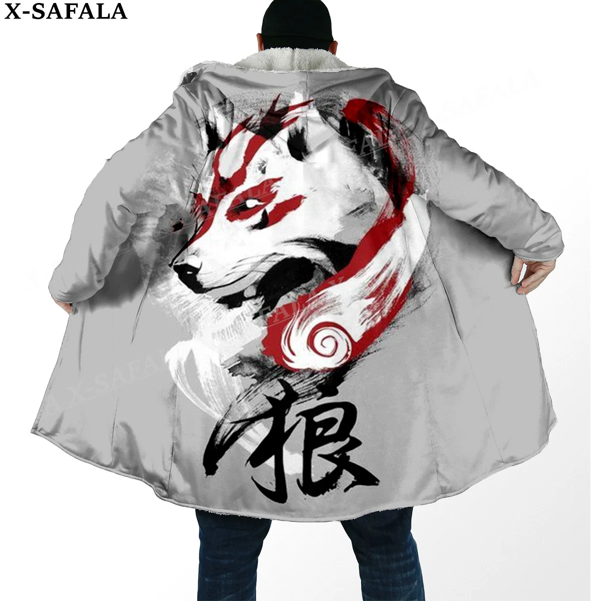 Толстая Теплая мужская накидка с капюшоном и принтом татуировок Okami Wolf пальто