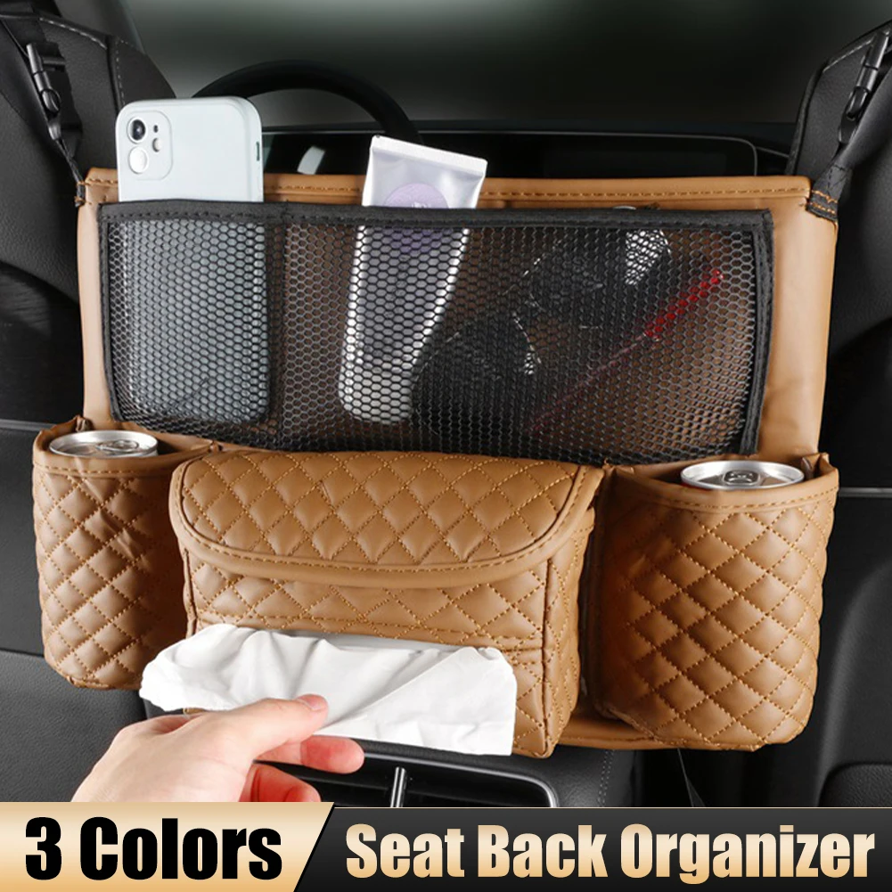 

Car Seat Storage Bag PU Leather Auto Seat Middle Hanging Box Pocket For Stowing Car Organizer Holder For Handbag Tissue Drink