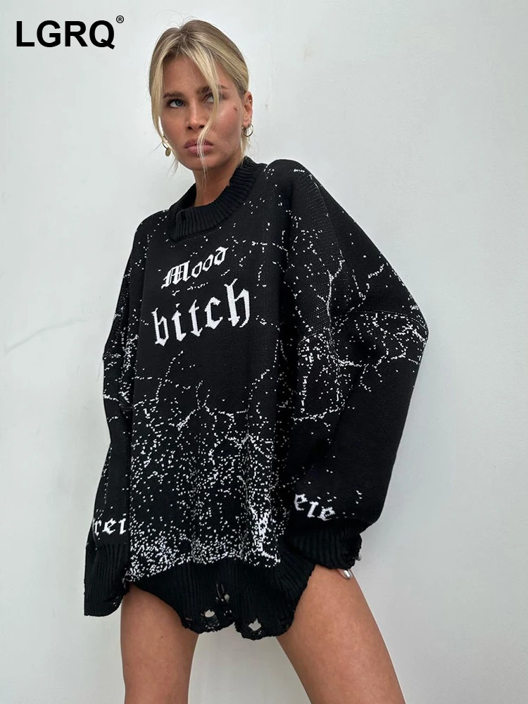 

LGRQ Contrast Letter Loose Sweater Women's High Street Wear Autumn Winter Outerwear Wornout Bottom Pullover Trendy Tops 19F3039