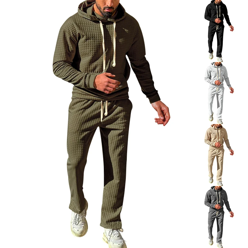 New Stlye Men's Hoodie 2pcs Set Hollow Plaid Quilted Cotton Hoodies Fabric Pullover Hooded Hoody Sweatshirt Hoodies Suit