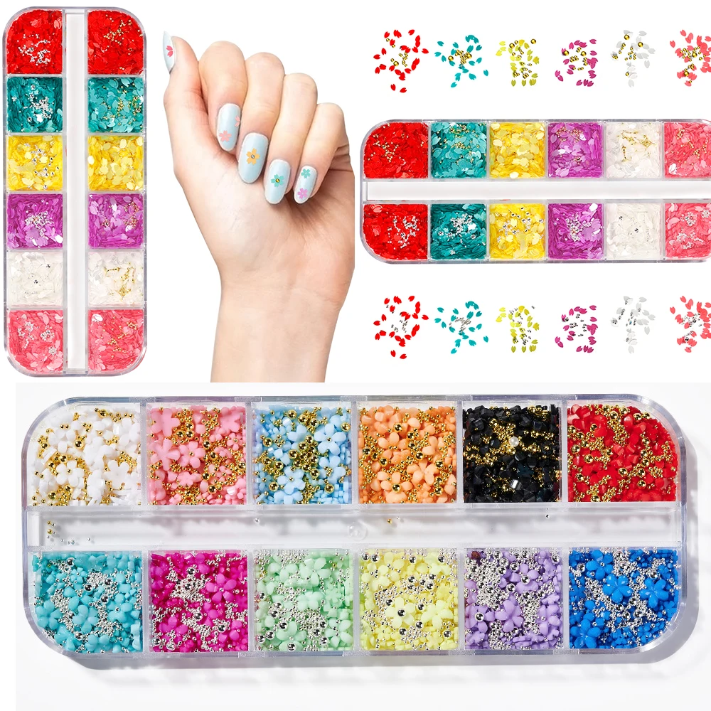 

12-Grid Sakura Nail Sequins Cherry Blossoms Slices Gold/Silver Beads Five-Petal Flower Rhinestones For DIY Manicure Flakes
