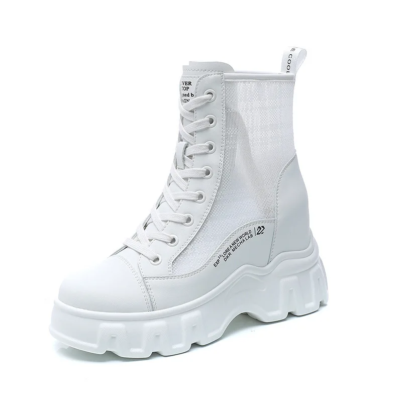 

9cm Genuine Leather Air Mesh Women Summer Boots Platform Wedge Boots Hidden Heel Air Mesh Summer Shoes White Black Booties