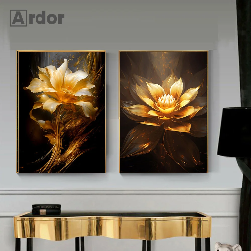 Золотые черные золотые листья желтые цветы Современная картина маслом искусство