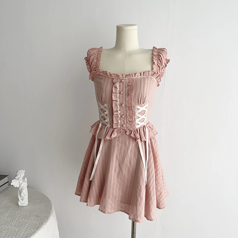 

Sweet Dresses Women Summer 2023 Ribbon Lace Up Mini Dress for Kawaii Girls