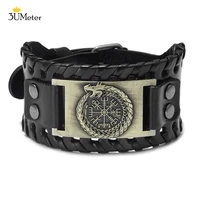 new fashion vintage vicking design leather bracelet charm alloy wide leather wristband punk european and american bangle jewelry