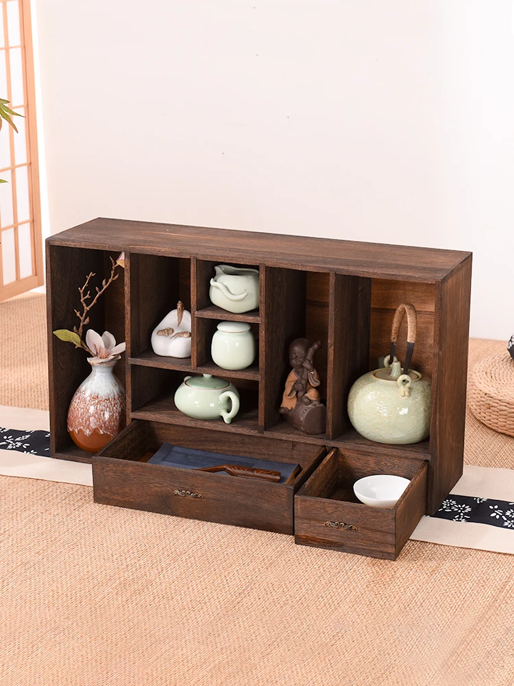 

Char-grilled Solid Wood Shelf Desktop Organizer with Drawers
