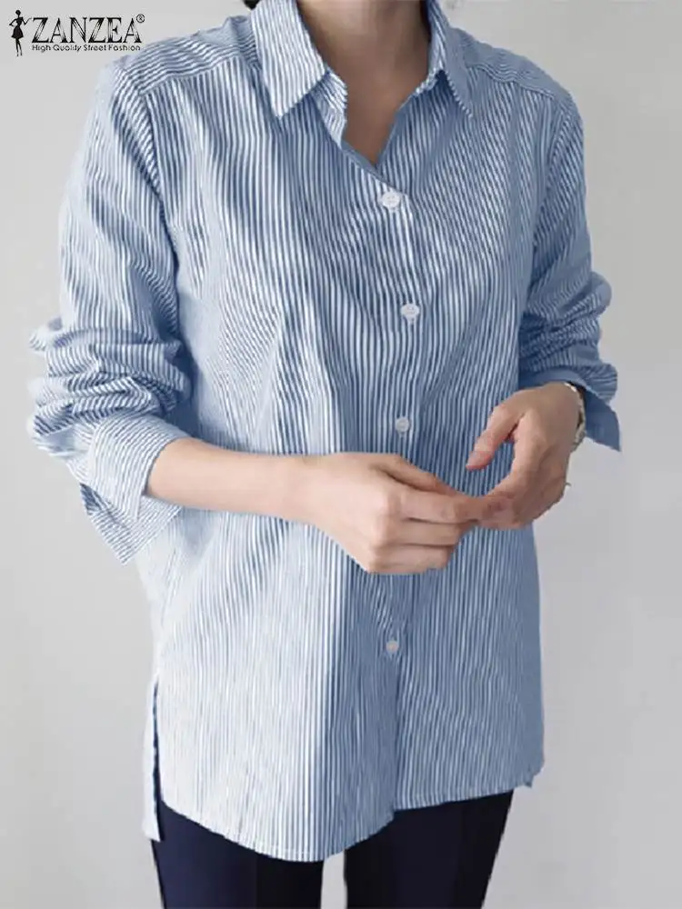 

ZANZEA Fashion Split Hem Tops Woman Casual Stripe Printed Blouse Long Sleeve Lapel Neck Shirt Autumn Vintage Button Down Blusas