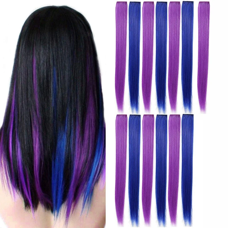 

13 Pcs Colored Party Highlights Colorful Clip In Hair Extensions 55Cm Straight Synthetic Hairpieces