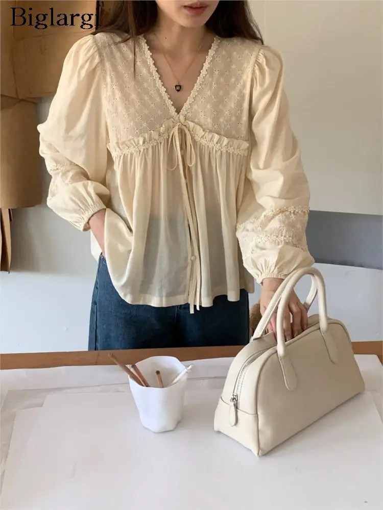 

Autumn Top Women Long Sleeve Fashion Hollow Out Patchwork Ladies Blouses Korea Style V Neck Modis Casual Loose Woman Top 2023