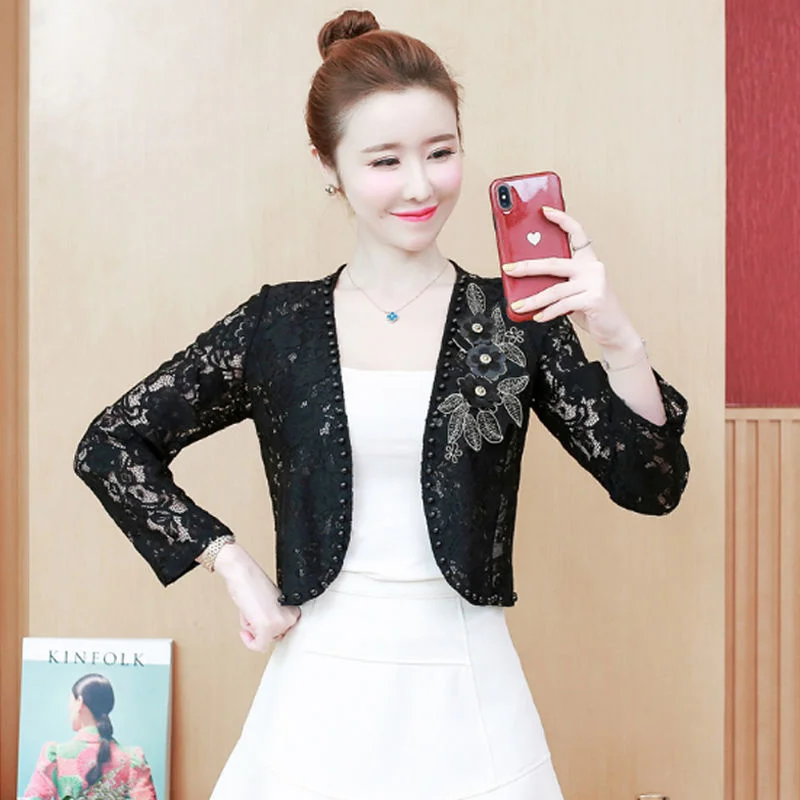 #5322 черные и белые кружевные женские пальто куртки тонкая верхняя одежда