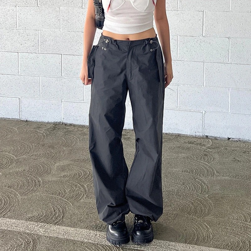 Spring Autumn Fashion Loose Pockets Drawstring High Waist Women Wide Leg Pants Baggy Trousers Y2k Joggers Straight Pants Vintage