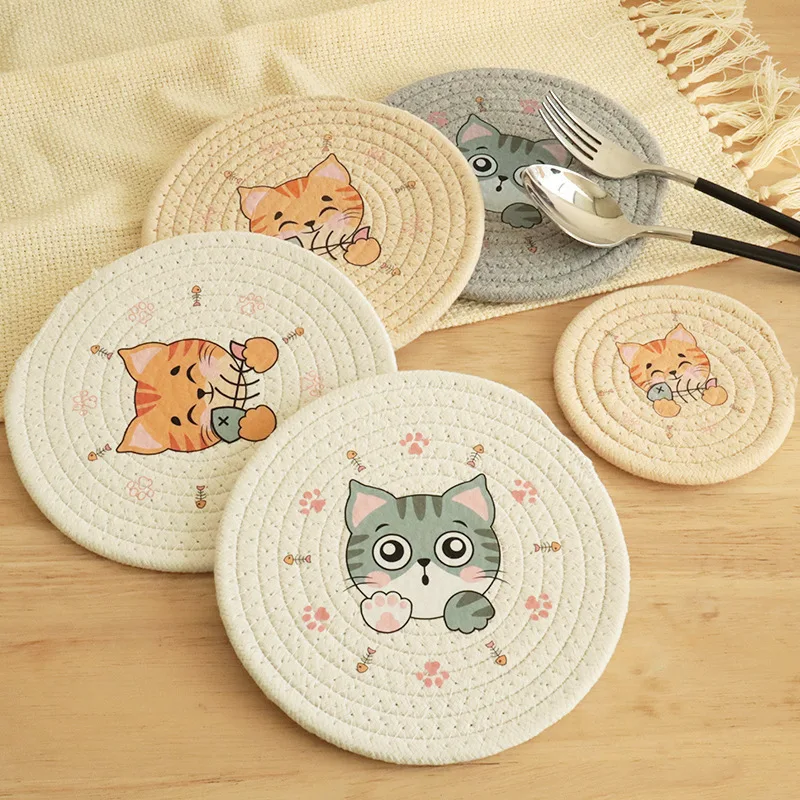 

Cat Pattern Coaster Rattan Woven Table Pad Insulation Placemat Cup Bowl Mat Durable Home Table Decoration Kitchen Accessories