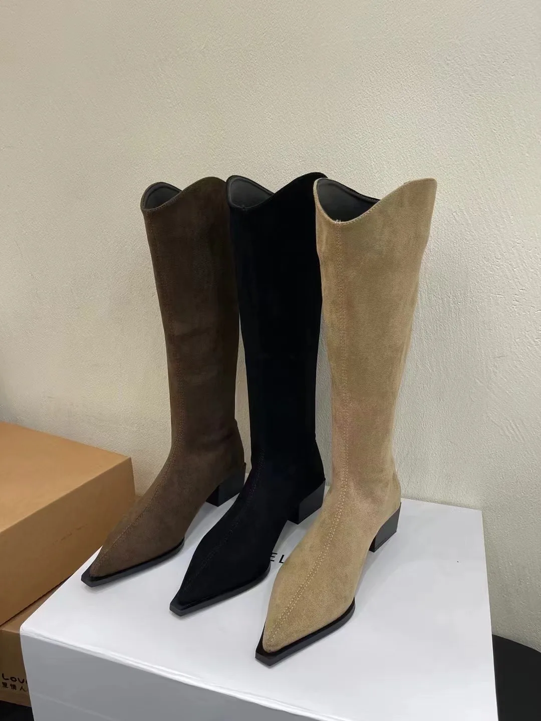 

Flock Women Knee High Boots Pointed Toe Chelsea Booties Flat Mid Heeled Black Beige Brown Back Zipper Stretch Sock Booties 35-39