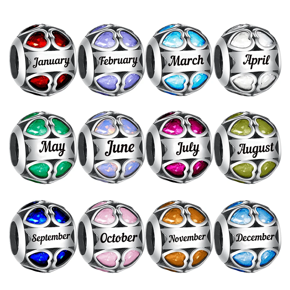 Pandora – perles rondes en forme de cœur pour femmes, breloques en pierre de naissance, adaptées à la fabrication de bracelets ou de colliers de personnalité, cadeau d'anniversaire
