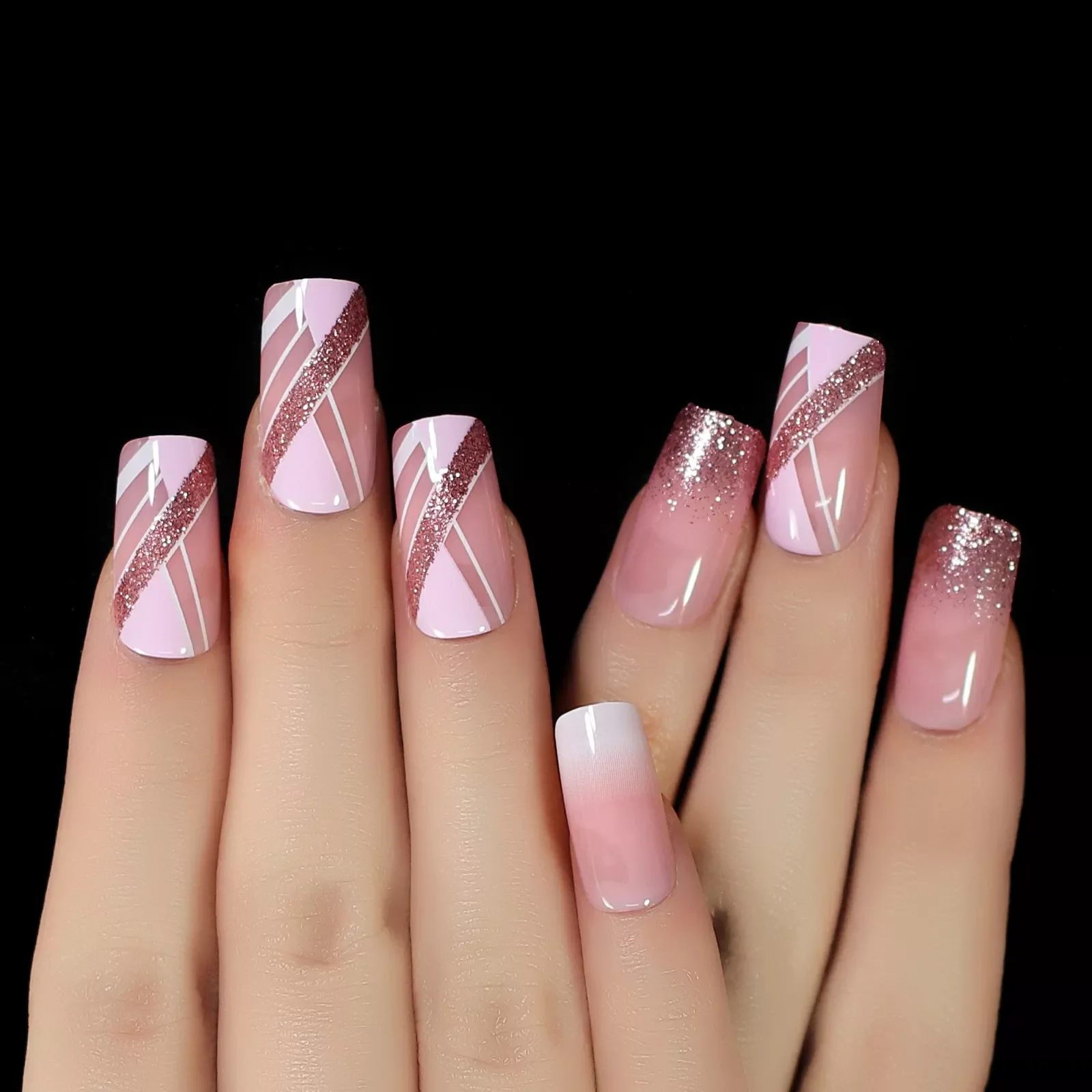 

Square Glitter Nails Art Fingernails Manicure Press On Fake Nails With Designed Pink Line Acrylic Full Cover Tips