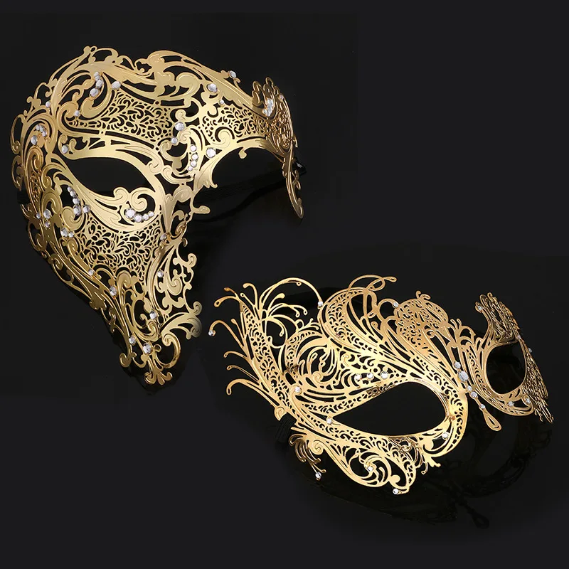 

3 Colors Skull Metal Mask Halloween Rhinestone Half Face Venetian Masquerade Men White Women Skull Filigree Party Mask