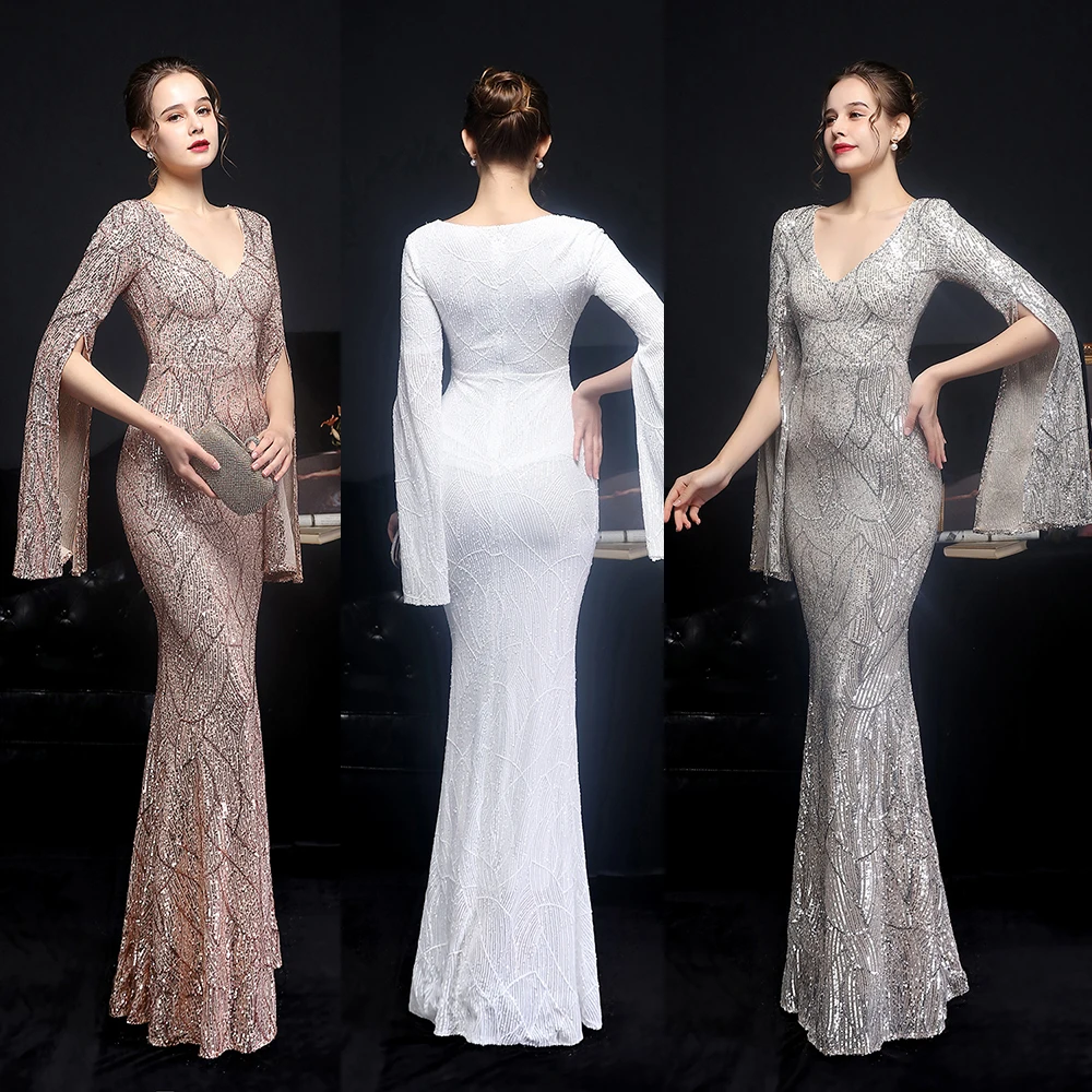 

V Neck Long Sleeve Evening Dress Women Mermaid Party Dresses Floor Length Sequins Prom Gowns XUCTHHC 2022 New Formal Dress