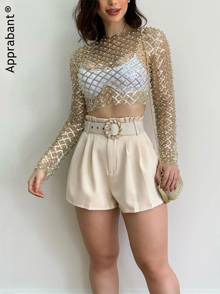 

Apprabant Pearl Sequins Womens T Shirt Long Sleeve Perspective Hollow Blouse Beach Street All-match Women Sexy Tees Damen