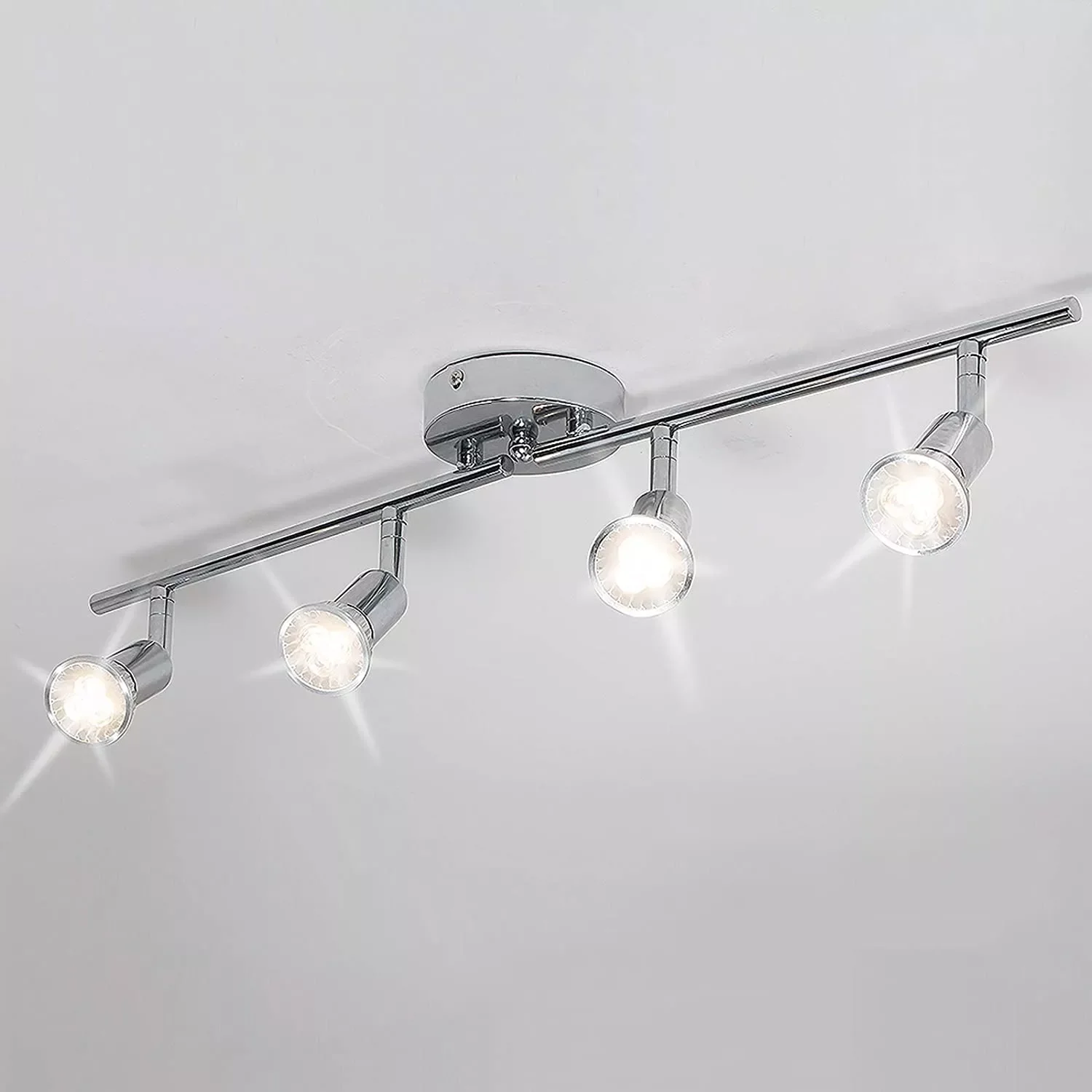 

4-Light Track Lighting Wall/Ceiling Spot Lights Fixture LED Track Light Chrome Rotatable Light Head 4GU10 Bulb (Included）