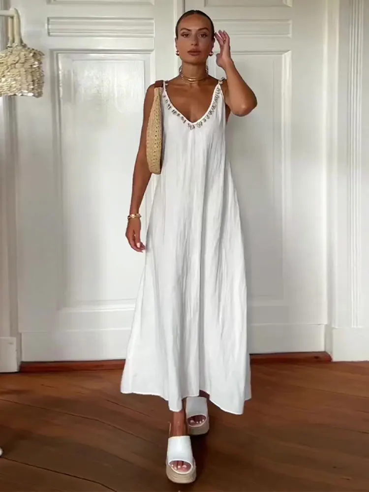 

Elegant White Beading Spaghetti Strap Midi Dress Women V Neck Sleeveless Loose Dresses 2023 Summer Beach Vacation Vestido