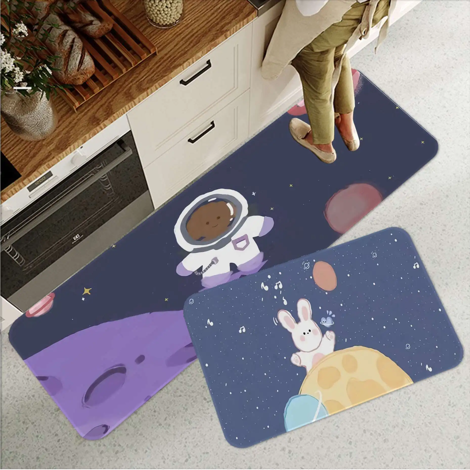 

Милый фланелевый напольный коврик Kawaii С мультяшным изображением космоса Банни медведя, декоративный коврик для ванной, нескользящий коврик для гостиной, кухни, Придверный коврик