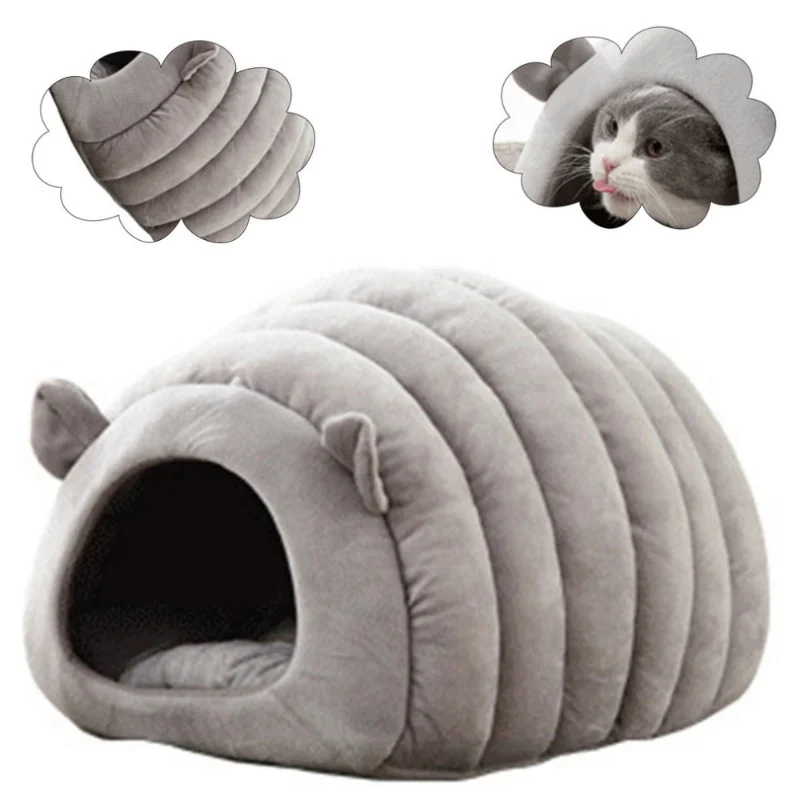 

Cute Semi-enclosed Cat Bed Sleeping Bag with Cushion Pet Warm PP House Detachable Washable Winter Indoor Nest Bed with Mat