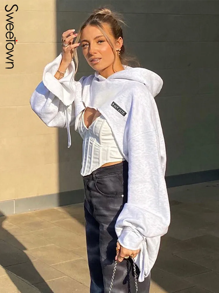 

Sweetown Batwing Sleeve Crop Shrug Hoodies Women Casual Baggy Streetwear Letter Print Preppy Style Pullover Sweatshirts Autumn