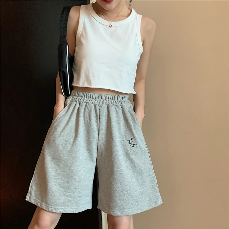 

XUAN PhD Wide Legs Casual Pants Girls Wear Embroidered Shorts Women's Summer New Korean Version of Loose Tight High Waist Capris