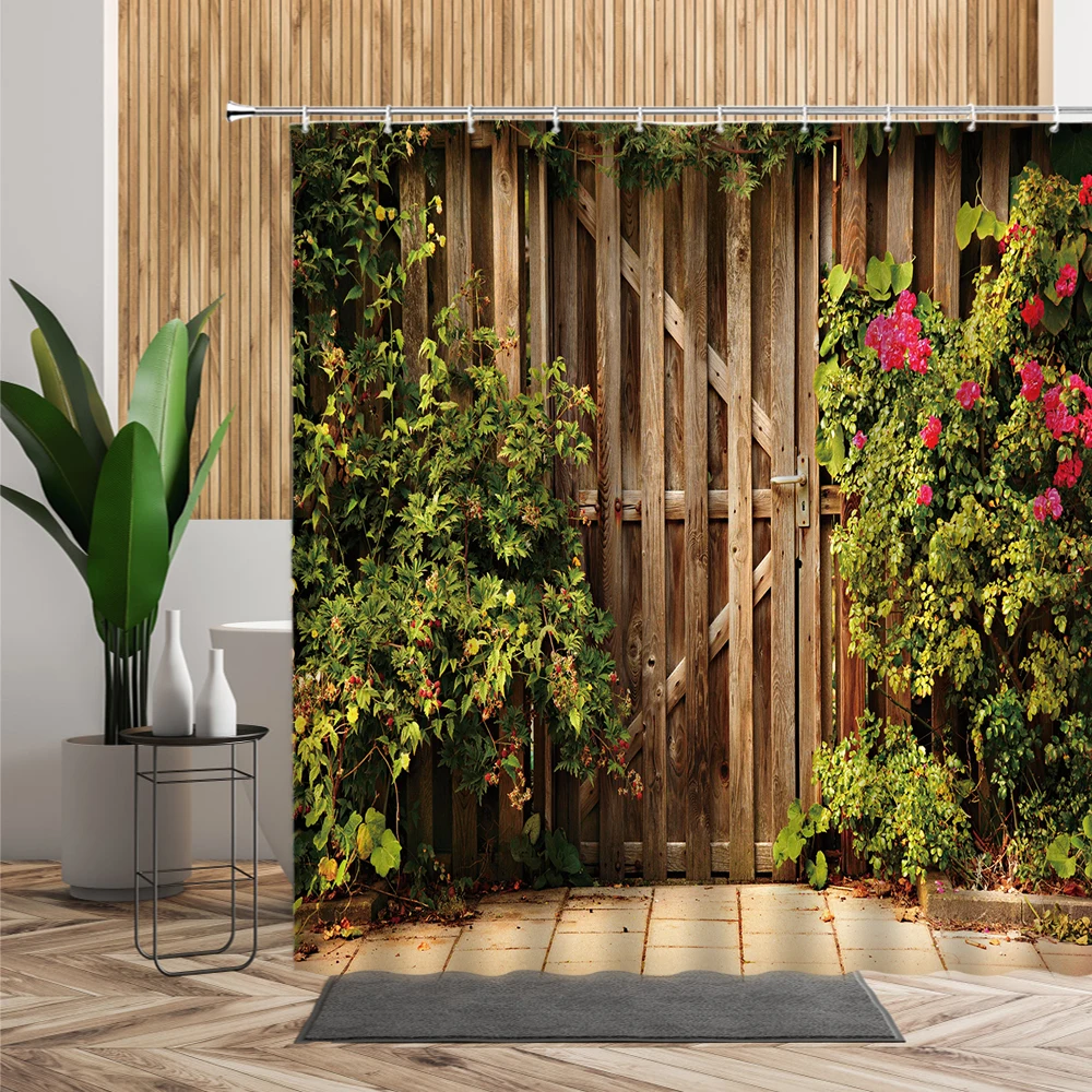 

Plant Flowers Shower Curtain Vintage Wooden Door Background Bathroom Accessories Waterproof Bath Curtains With Hook