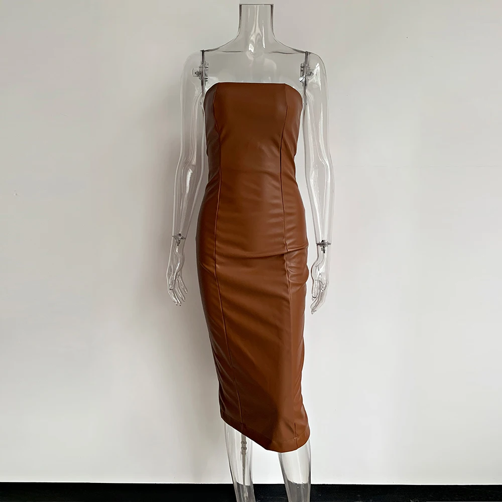 XLLAIS PU Leather Brown Party One Piece Dresses Women Sexy Strapless Split Bodycon Vestidos Lady High Street Zipper Robe Clothes | Женская
