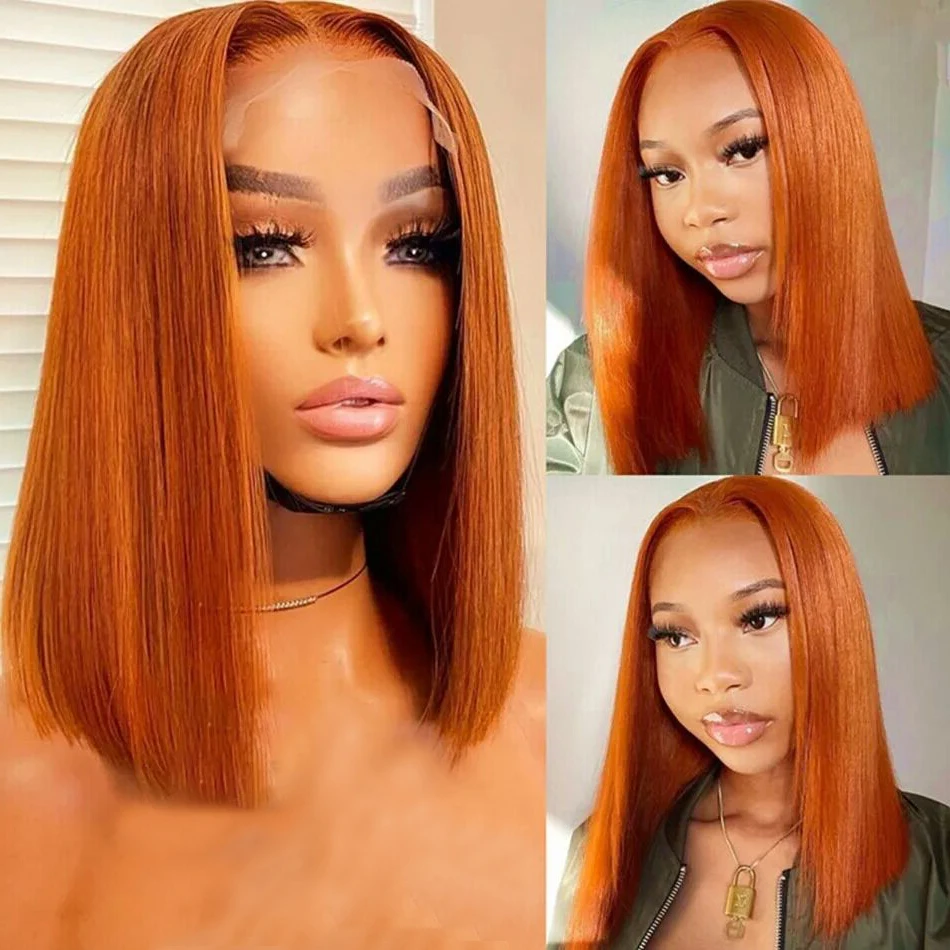 Ginger Orange Glueless Straight Lace Front Wig Short Bob Human Hair Wigs for Women 13x4 Transparent Lace Perruque Cheveux Humain