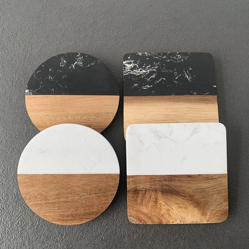 

Marble Wooden Cup Coaster Montage Acacia Round Square Coffee Drink Tea Mat Desk Pad Dining Cooking Heat Insulation Holder