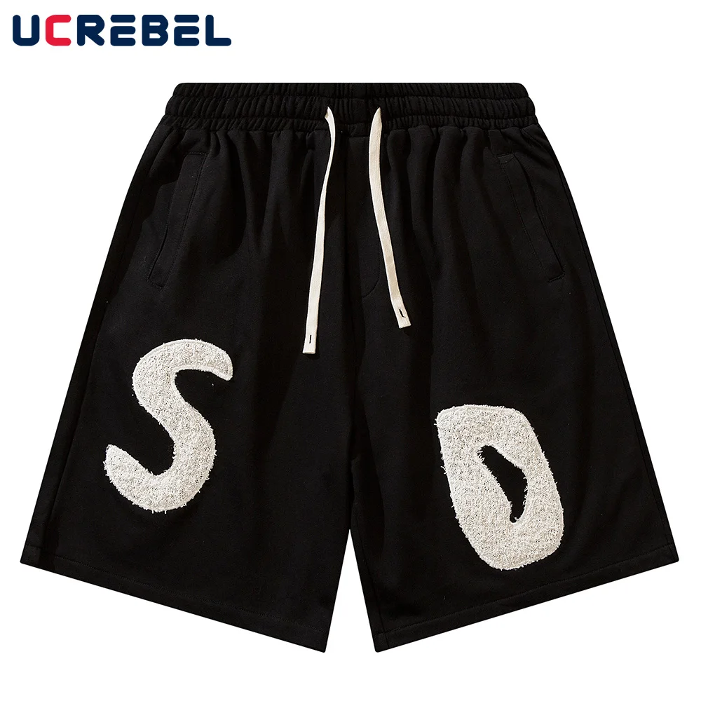 

Patch Plush Embroidery Sweatshorts Mens Summer Streetwear Drawstring Elastic Waist Half Pants Bermuda Shorts Casual Shorts Men